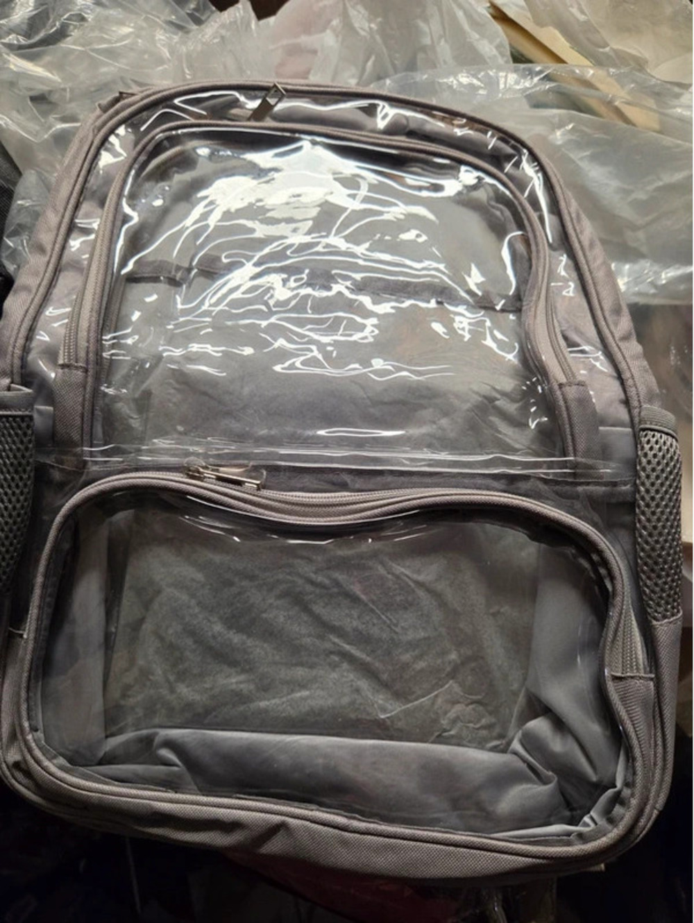 Gray clear see through backpack